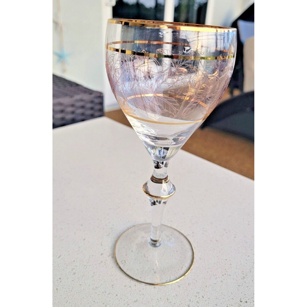 Vintage Crystal Wine Glasses Gold Etched & Banded Stemware Set/2 - Picture 2 of 13